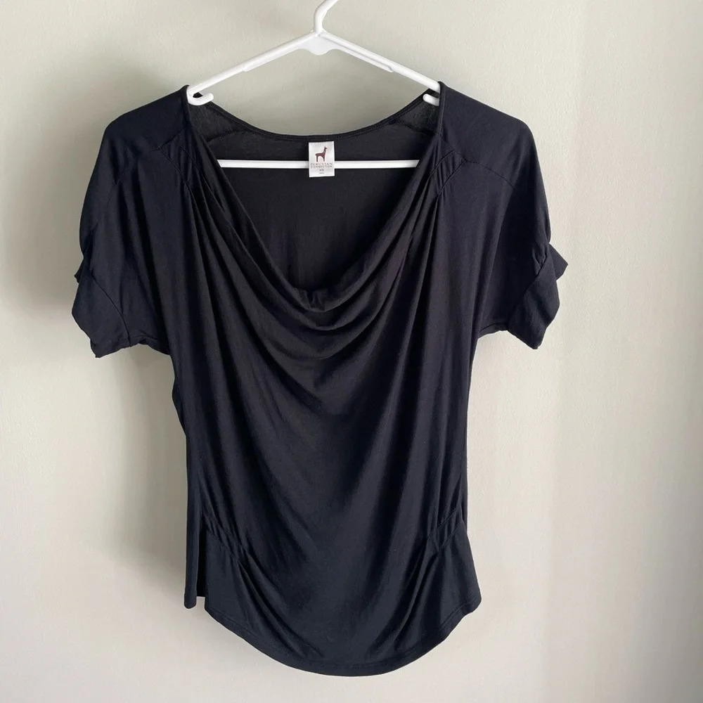 Peruvian Connection Black Short Sleeve Draped Neck Tee